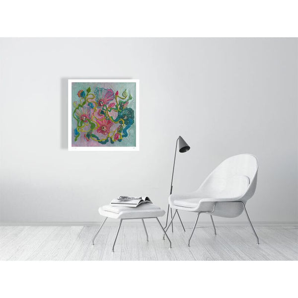 Viola Four 2022 abstract floral art print in soft pastel colors displayed in a minimalist modern living space.
