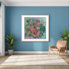 Abstract floral Giclée fine art print Viola Four 2022 with vibrant colors and textured details in modern blue living room setting