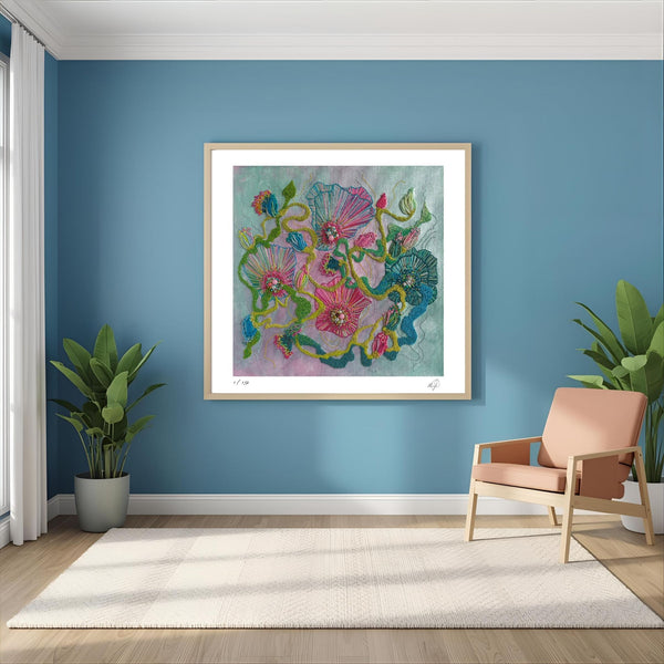 Abstract floral Giclée fine art print Viola Four 2022 with vibrant colors and textured details in modern blue living room setting