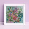 Abstract floral fine art print Viola Four 2022 in pastel colors, framed in white, showcased on lavender background