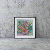 Framed Viola Four 2022 Giclée fine art print with abstract floral design in pink, green, and blue tones on textured background.