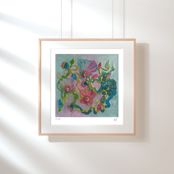 Framed Viola Four 2022 giclée fine art print featuring abstract floral textures in vibrant colors on textured paper.