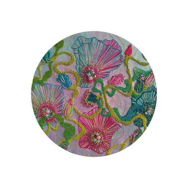 Circular giclée fine art print featuring vibrant hand-stitched embroidery with thread and beadwork details.