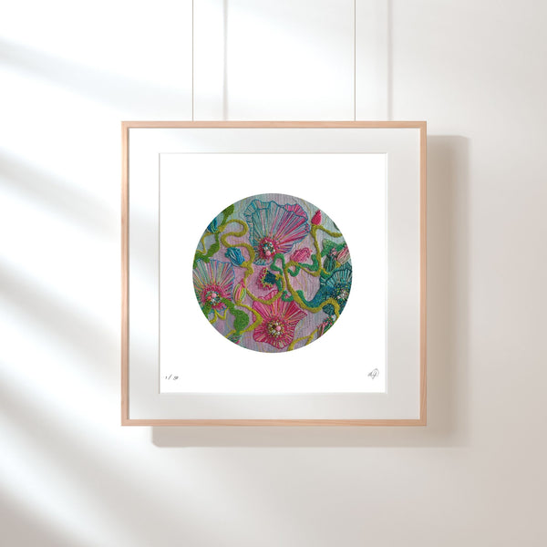 Framed Viola Four embroidery art print with colorful thread and beadwork in minimalist white space