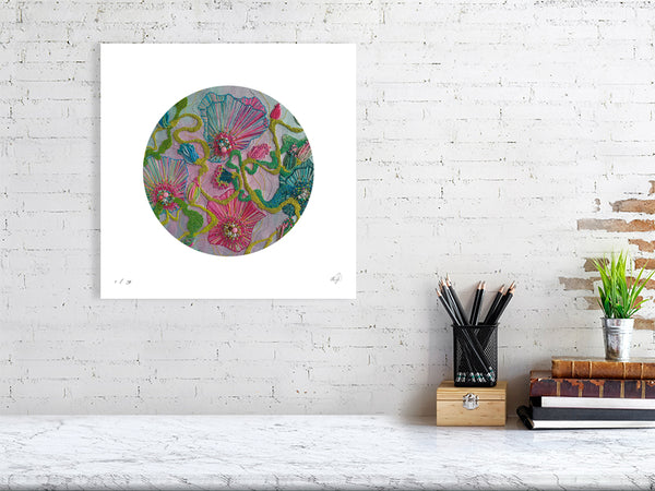 Viola Four 2022 Mojo Worlds giclée print featuring embroidered floral textures in minimalist white space