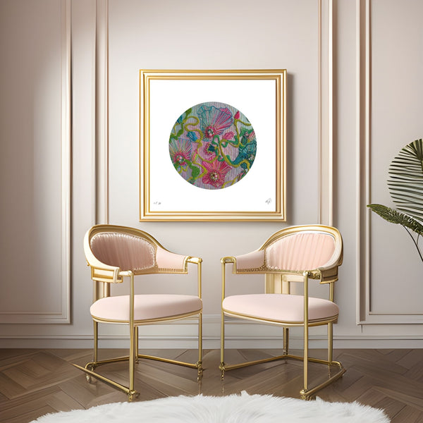 Framed Viola Four 2022 Giclée print featuring minimalist circular embroidery art in elegant modern room setting