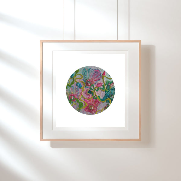 Framed Viola Four 2022 Mojo Worlds Fine Art Print featuring colorful circular embroidery on white background