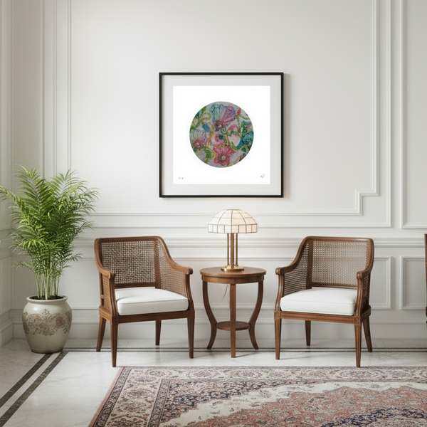 Two wooden chairs with white cushions in a room with a framed artwork on the wall. Room in style of Singapore's Raffles hotel.