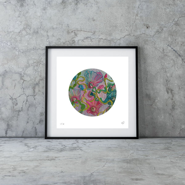 Framed Viola Four 2022 Mojo Worlds Giclée art print featuring colorful embroidery in minimalist circular design