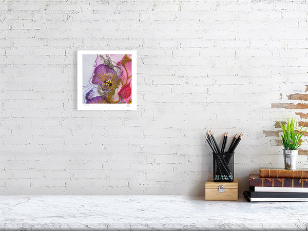 Framed Viola Odorata 2020 Giclée art print featuring detailed embroidery textures and vibrant floral colors on white wall.