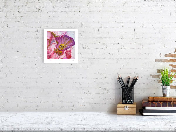 Viola Odorata 2020 Giclée Fine Art Print showing detailed embroidery with vibrant pink and purple threads in white frame.
