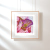 Framed Viola Odorata 2020 Giclée art print showing detailed abstract embroidery in purple and pink tones.