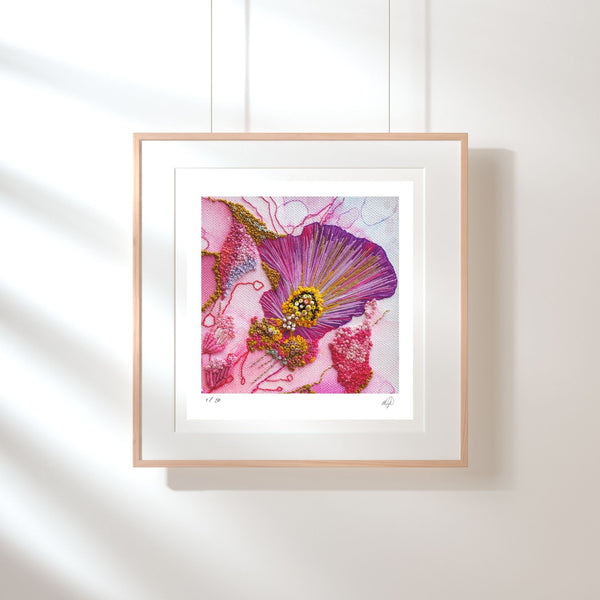 Framed Viola Odorata 2020 Giclée art print showing detailed abstract embroidery in purple and pink tones.