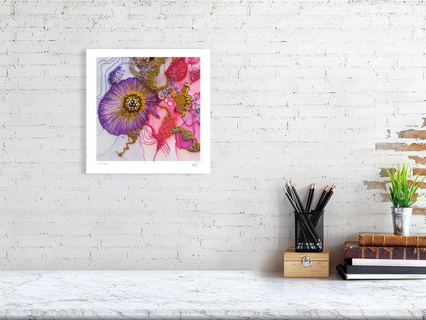 Framed Viola Odorata 2020 Giclée fine art print showing intricate hand-stitched abstract embroidery details.