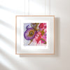 Framed Viola Odorata 2020 fine art print showing detailed hand-stitched embroidery with vibrant purple and pink threads.