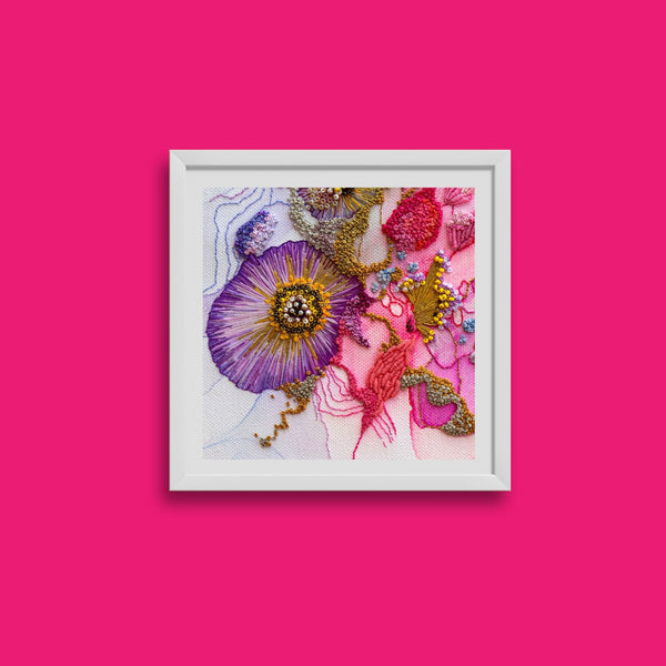 Framed fine art print featuring detailed embroidery of Viola Odorata with vibrant thread and texture on fabric