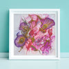 Abstract floral art print Viola Odorata 2020 with vibrant pink, purple, and gold texture, museum-grade limited edition giclée.
