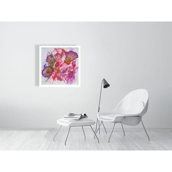 Viola Odorata 2020 Giclée fine art print in pink and purple tones displayed in modern minimalist living room.