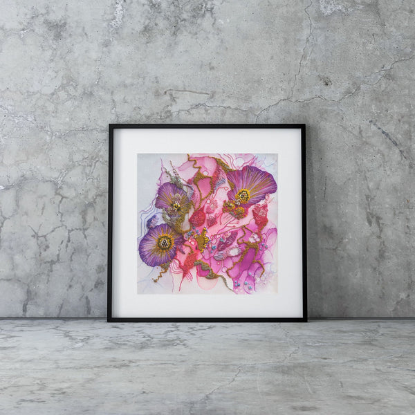 Framed Viola Odorata 2020 Giclée fine art print featuring abstract floral design in vibrant pink and purple tones