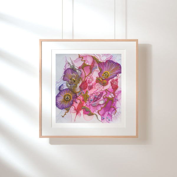 Framed Viola Odorata 2020 Giclée fine art print featuring textured abstract floral design in pink and purple tones