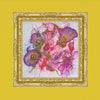Abstract floral art print Viola Odorata 2020, featuring purple and pink hues with embroidered texture in ornate gold frame.