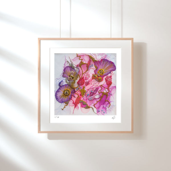 Framed Viola Odorata 2020 Giclée fine art print with abstract floral design in pink and purple tones on white wall.
