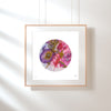 Framed Mojo Worlds Viola Odorata 2020 giclée art print featuring vibrant embroidered textures in circular minimalist design