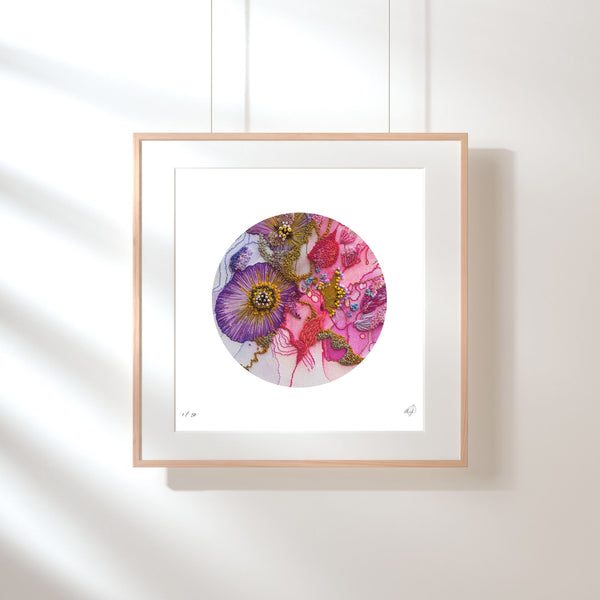 Framed Mojo Worlds Viola Odorata 2020 giclée art print featuring vibrant embroidered textures in circular minimalist design
