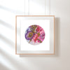 Framed Mojo Worlds Viola Odorata 2020 giclée print featuring bold, colorful hand-stitched embroidery on white background.