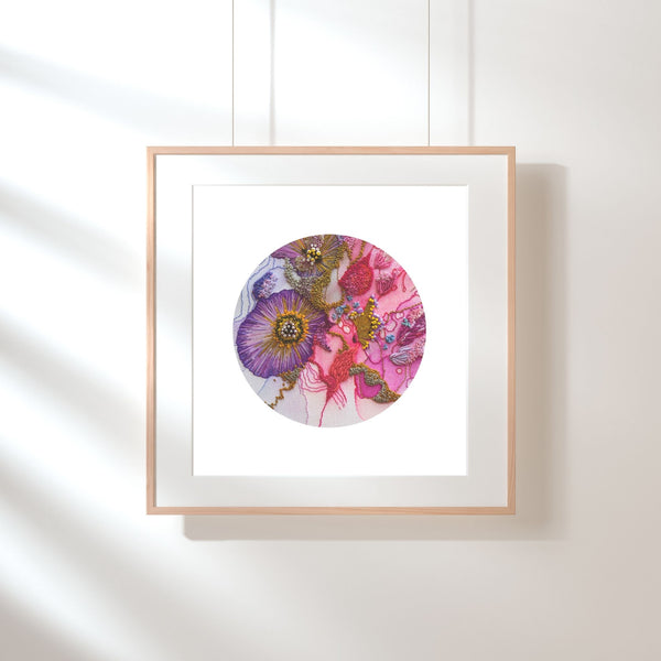 Framed Mojo Worlds Viola Odorata 2020 giclée print featuring bold, colorful hand-stitched embroidery on white background.