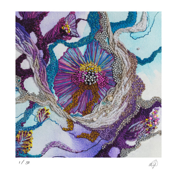 Close-up of hand-stitched Viola embroidery detail in vibrant purples and blues, printed as a limited edition fine art Giclée.