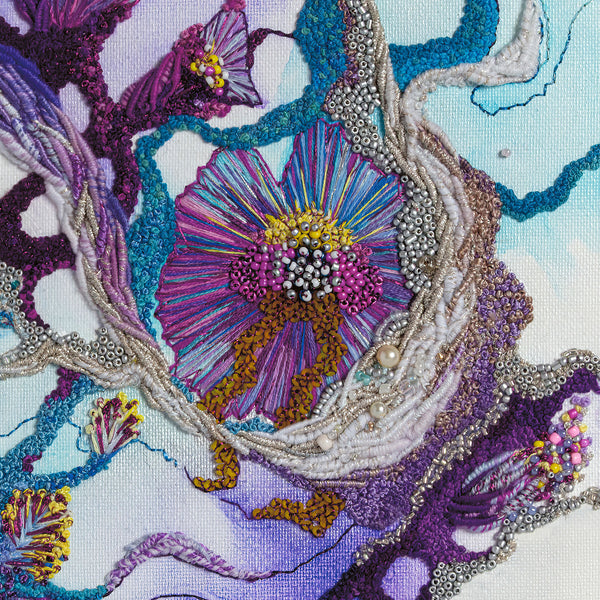 Close-up of colorful embroidered floral textures with beads and threads, Viola Seven 2023 fine art print detail.