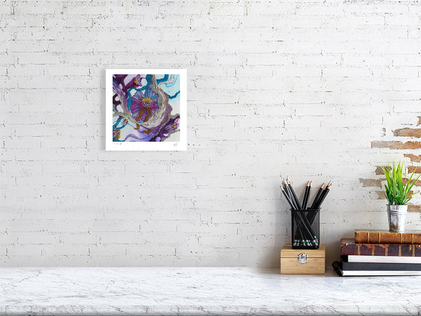 Framed Viola Seven 2023 fine art print showing detailed abstract embroidery in vibrant colors on white wall.