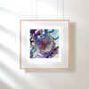 Framed Viola Seven 2023 Giclée print showing a colorful abstract embroidery detail in blues, purples, and beige tones.