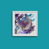 Framed Viola Seven 2023 Giclée print showing abstract embroidery detail in purple, blue, and beige tones on teal wall.