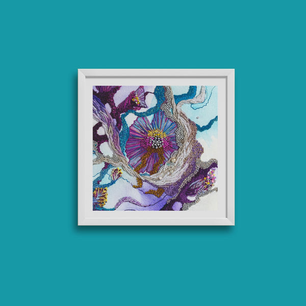 Framed Viola Seven 2023 Giclée print showing abstract embroidery detail in purple, blue, and beige tones on teal wall.