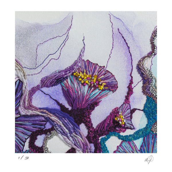 Close-up of Viola Seven 2023 embroidery detail with purple, blue, and yellow textured threads on fine art Giclée print.
