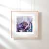 Framed Viola Seven 2023 Giclée print showing detailed purple embroidery textures on white wall with soft light shadows.