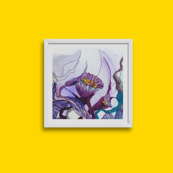 Framed Viola Seven 2023 Giclée fine art print with abstract purple, blue, and yellow embroidery details on white background