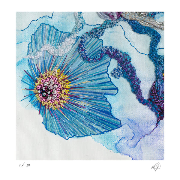 Close-up of hand-stitched embroidery detail in Viola Seven 2023 Giclée fine art print with vibrant blue and purple threads.