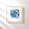 Framed Viola Seven 2023 Giclée print showing detailed blue and purple embroidered abstract floral design on white wall.