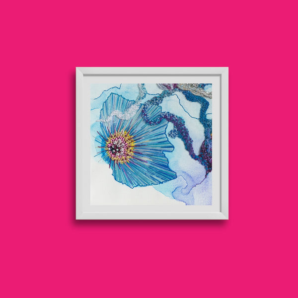 Framed Viola Seven 2023 fine art print featuring intricate blue, purple, and pink embroidery details on white background