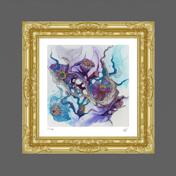 Viola Seven 2023 abstract nature art print with purple and blue floral textures in ornate gold frame, limited edition fine art.