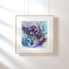 Framed Viola Seven 2023 Giclée fine art print featuring abstract floral patterns in blue and purple tones