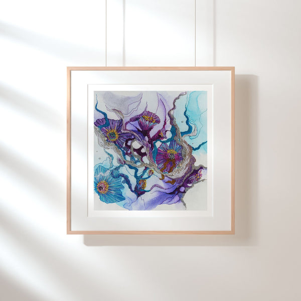 Framed Viola Seven 2023 Giclée fine art print featuring abstract floral patterns in blue and purple tones