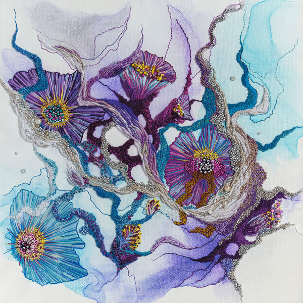 Abstract nature-inspired artwork in purple and blue tones with intricate textures and vibrant floral patterns.