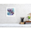 Viola Seven 2023 museum-grade Giclée print with abstract floral design in purple and blue tones, displayed on white brick wall.