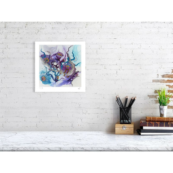 Viola Seven 2023 museum-grade Giclée print with abstract floral design in purple and blue tones, displayed on white brick wall.