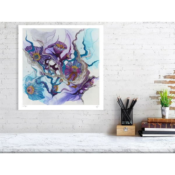 Viola Seven 2023 Giclée fine art print featuring abstract nature in purple and blue hues, framed on white wall above desk setup