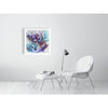 Abstract floral-themed Giclée fine art print in blues and purples, displayed in a modern minimalist room setting.
